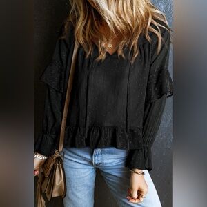 Swiss Dot Tie Neck Flounce Sleeve Blouse